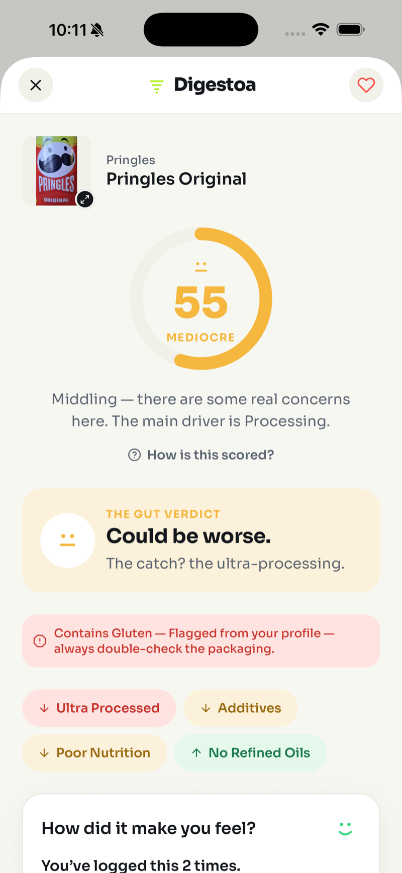 Digestoa product detail — a transparent 0–100 score, a plain-English verdict and a cleaner swap